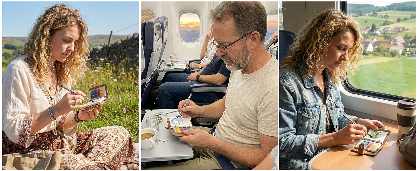 Artists using a travel pocket brush and portable watercolor paint set to paint in a travel sketchbook while outdoors, on an airplane, and on a train. Perfect for professional artists and beginners on the go.