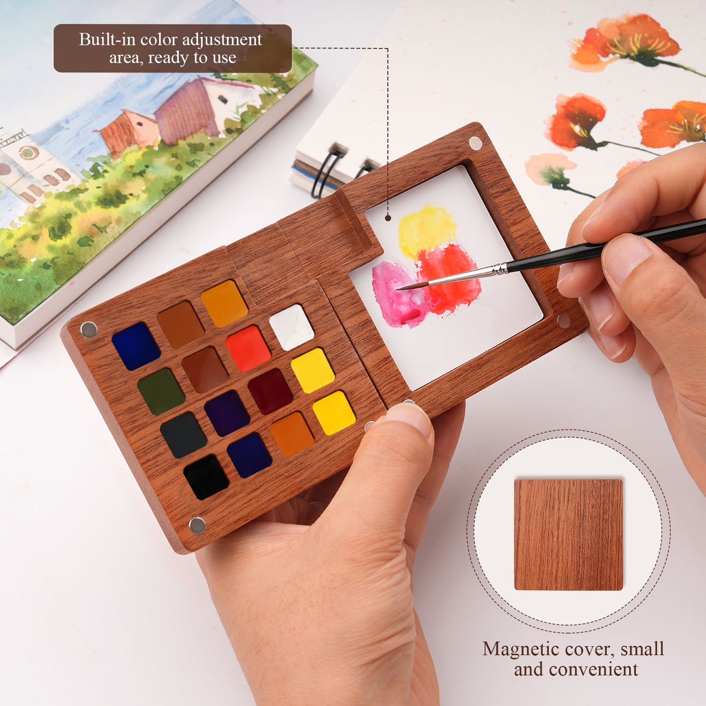 Fuumuui Premium Wood Watercolor Set – 15 Handpicked Colors with Built-in Mixing Palette