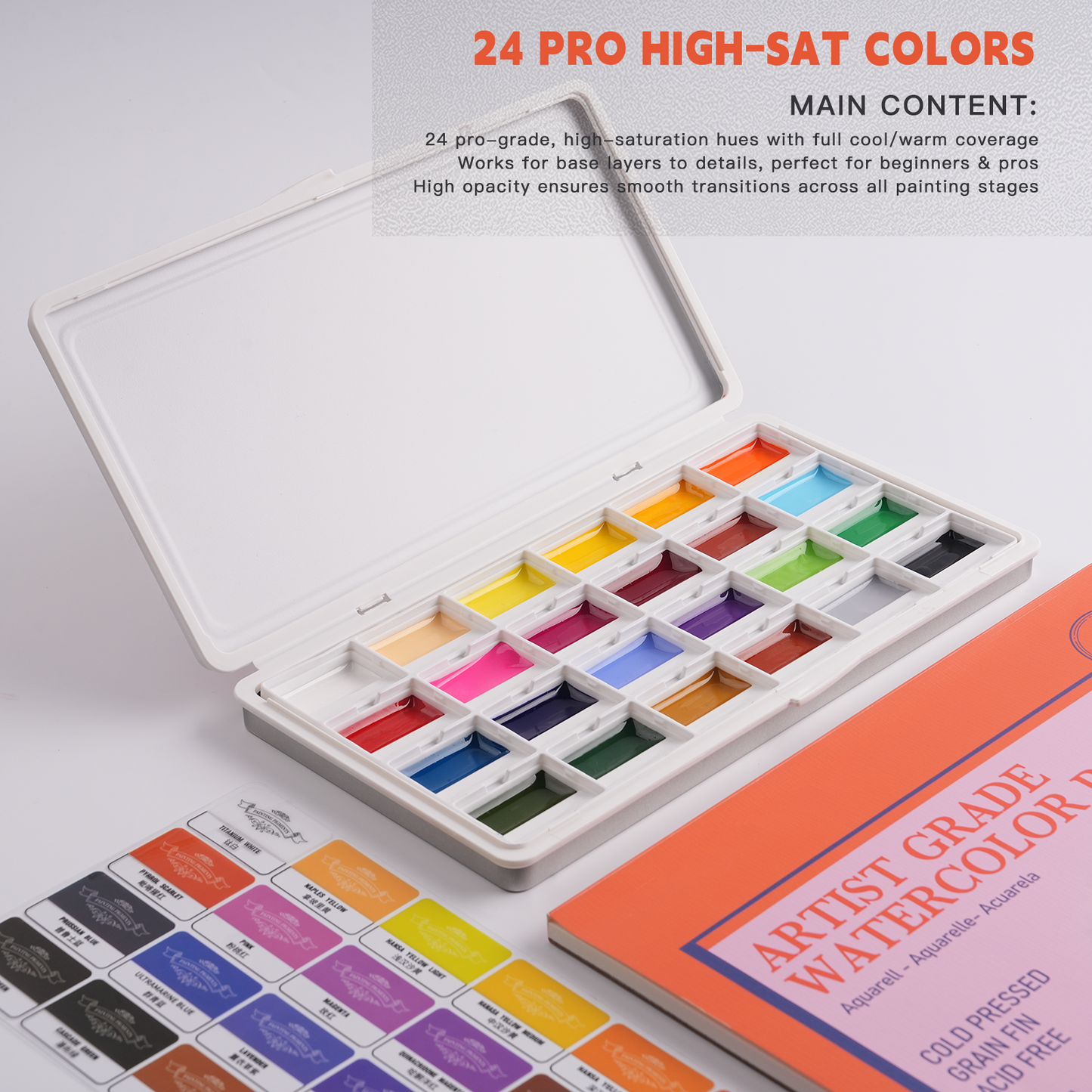 Fuumuui 24-Color Opaque Semi-Moist Watercolor Set – High-Saturation Bright Colors with Strong Coverage and Rich Pigments
