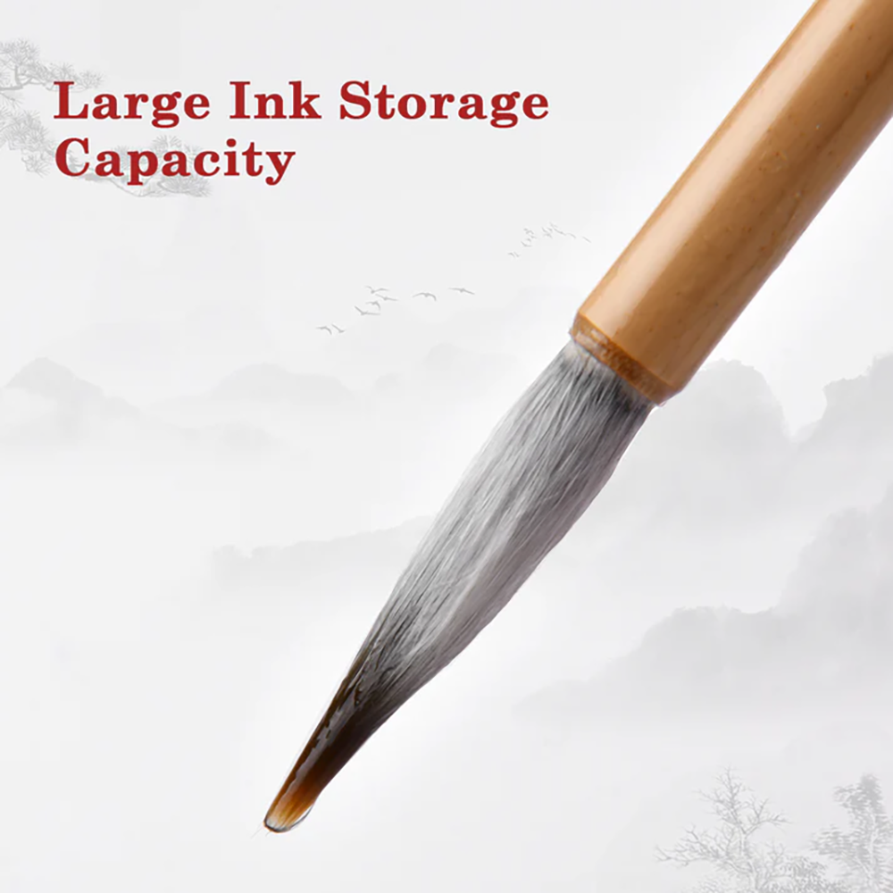 Fuumuui Chinese calligraphy brush tip saturated with ink, large ink storage capacity.