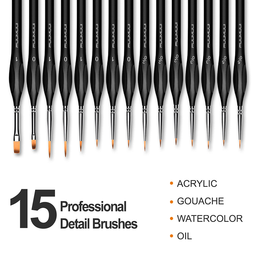 Fuumuui 15-piece fine detail brush set for acrylic, gouache, watercolor, and oil, showing different sizes and brush tip shapes.