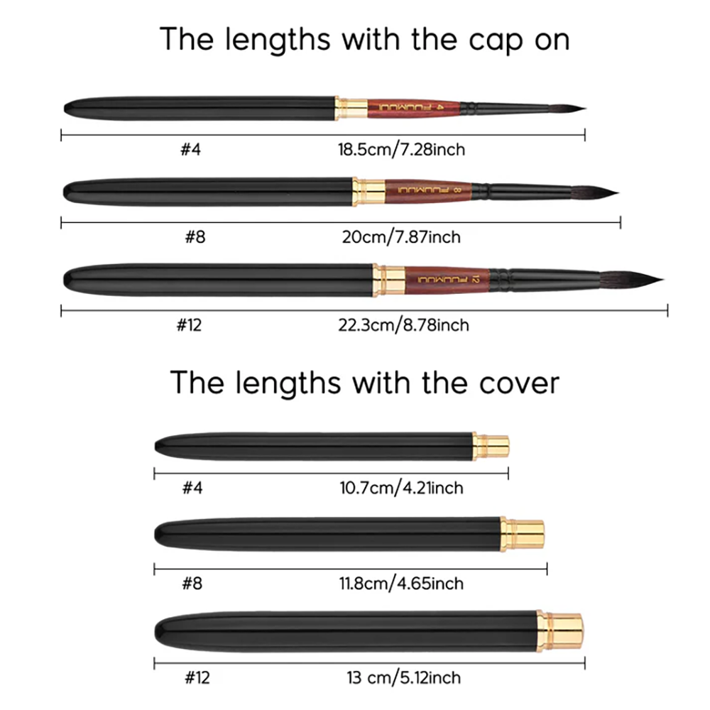 A size chart showing the compact and full lengths of the Fuumuui squirrel hair travel watercolor brush set in sizes #4, #8, and #12.