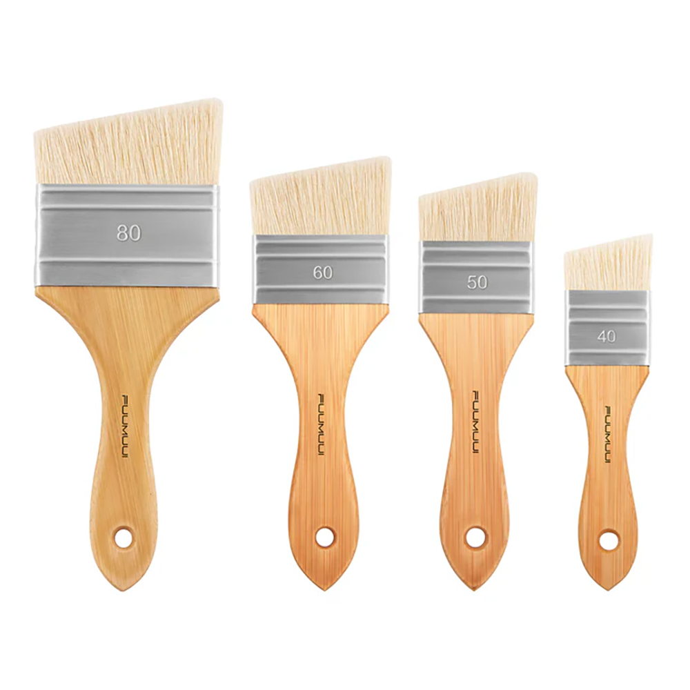 Fuumuui 4pcs professional bristle oil brush set, with ergonomic wooden handles and flat slanted heads for oil painting and art.