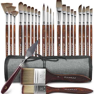 Fuumuui set di 25 pennelli professionali in nylon per colori acrilici, comprendente varie forme, un coltello da tavolozza e una custodia grigia arrotolabile.