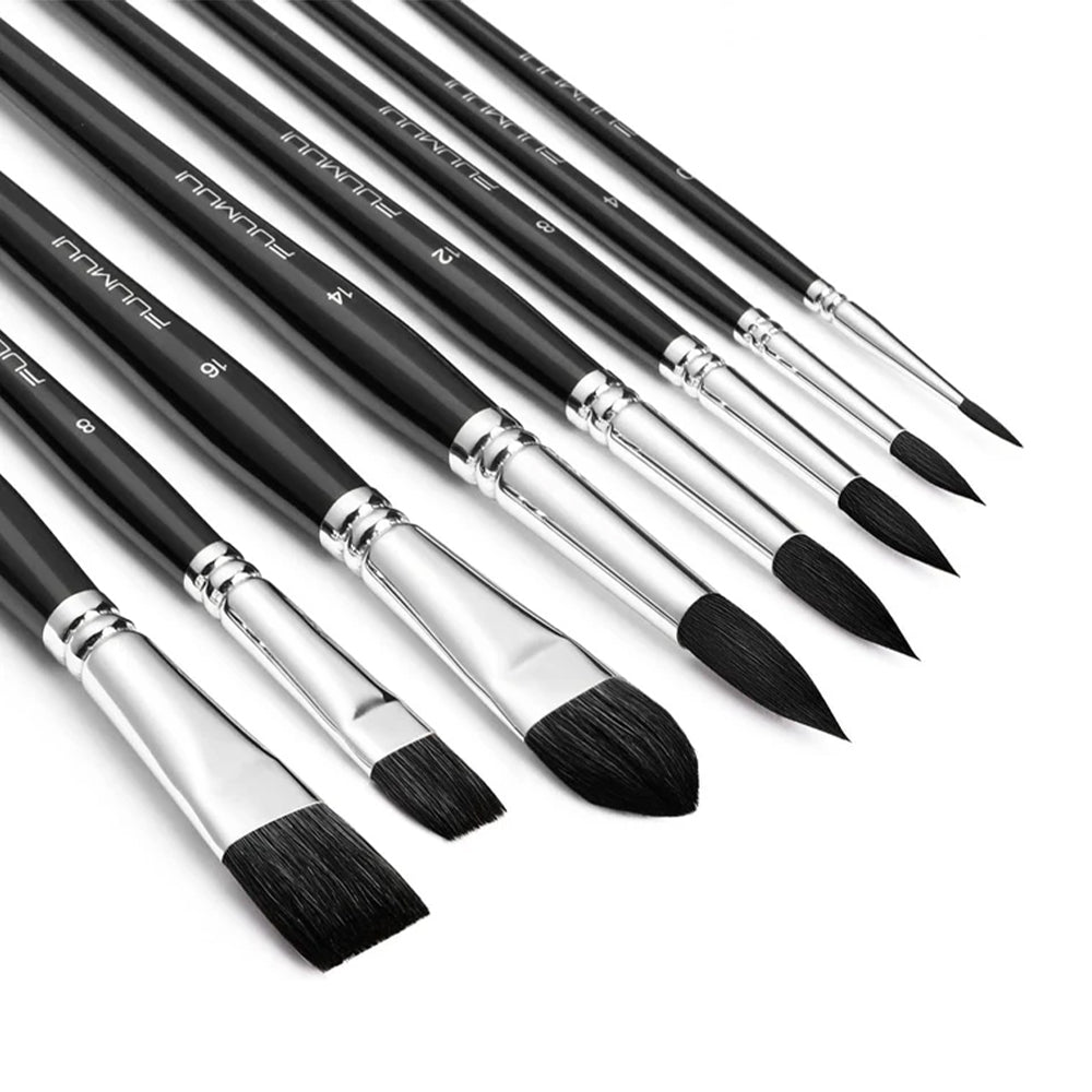Fuumuui 8-piece professional watercolor brush set, the different brush shapes and tips.
