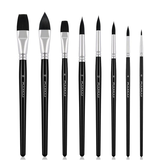 A complete set of eight Fuumuui professional squirrel watercolor brushes, various sizes and shapes for artists.
