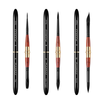 3-piece dual-tip professional squirrel watercolor brush set, various shapes and sizes from liner to dagger.