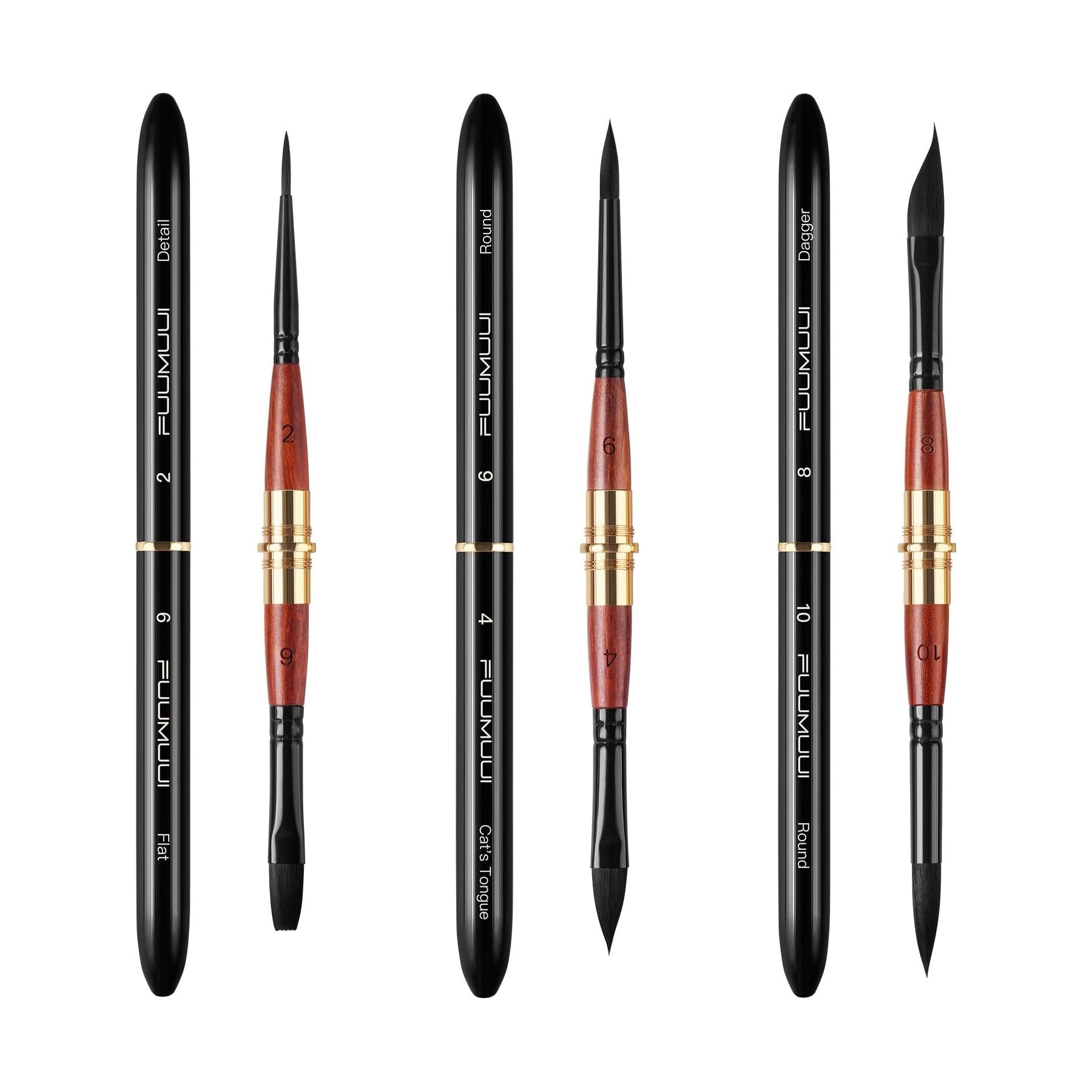 7-piece professional sable watercolor brush set, various shapes and sizes from liner to dagger.