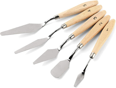 Fuumuui Künstlerbedarf 5-teiliges Edelstahl-Palettenmesser-Set mit Holzgriffen für Öl-, Acrylmalerei und Farbmischung.