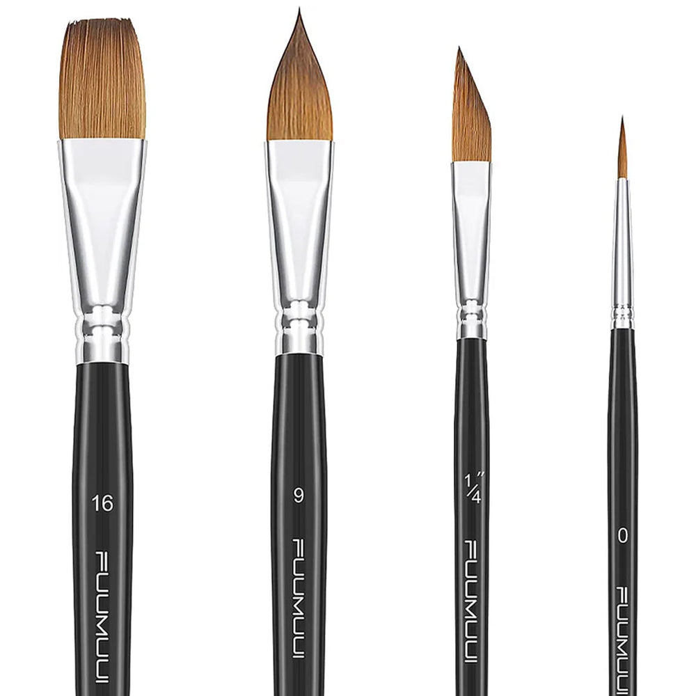 4 pecies professional sable watercolor brushes, showing different flats, cat's tongue, detail liner and dagger tips.