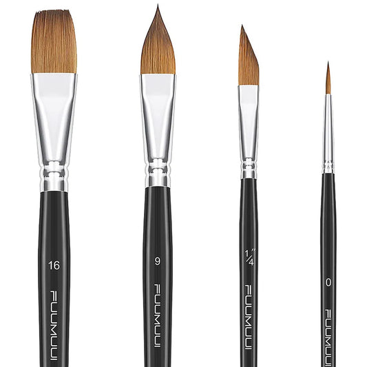 4 pecies professional sable watercolor brushes, showing different flats, cat's tongue, detail liner and dagger tips.
