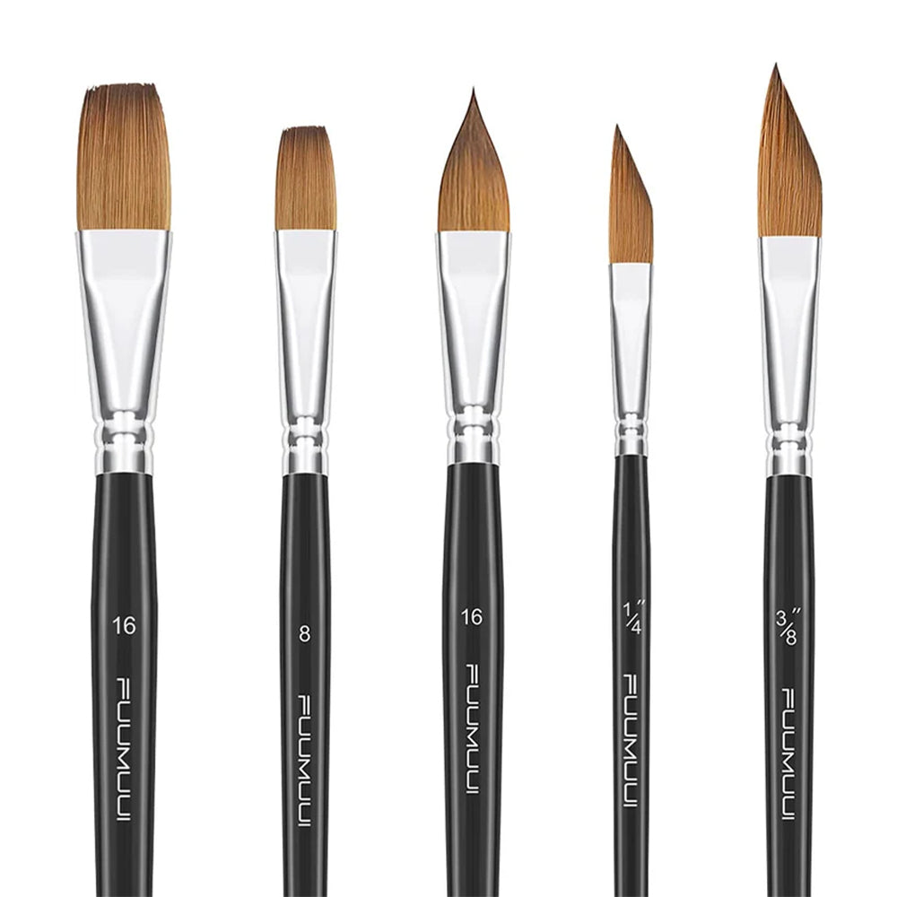professional sable watercolor brushes, with different flat, pointed, and angled tips.