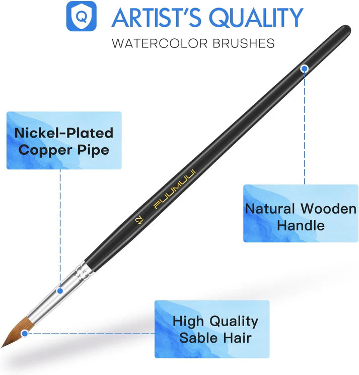 Fuumuui artist quality watercolor brush with natural wooden handle and high quality sable hair for painting.