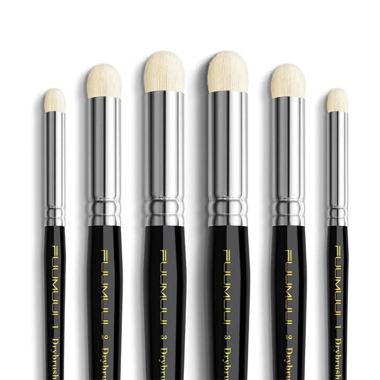 Set of six domed dry brushes for model painting, with black handles and shiny ferrules, perfect for miniature painting.