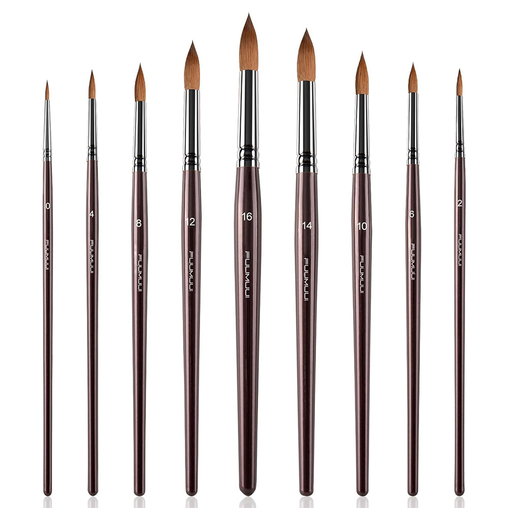 A complete view of the Fuumuui 9-piece professional sable artist brush set, showcasing all sizes from #0 to #16.