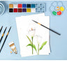 Tapis de peinture en silicone FUUMUUI avec gobelet de lavage de pinceaux et palettes d'art intégrés, contenant des pinceaux et une œuvre d'art florale à l'aquarelle sur une surface bleu clair.