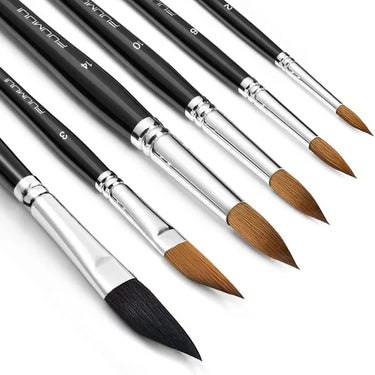 Fuumuui 6pcs Professional Watercolor Brushes set, featuring various round, mop, and dagger striper tips with black handles and silver ferrules.