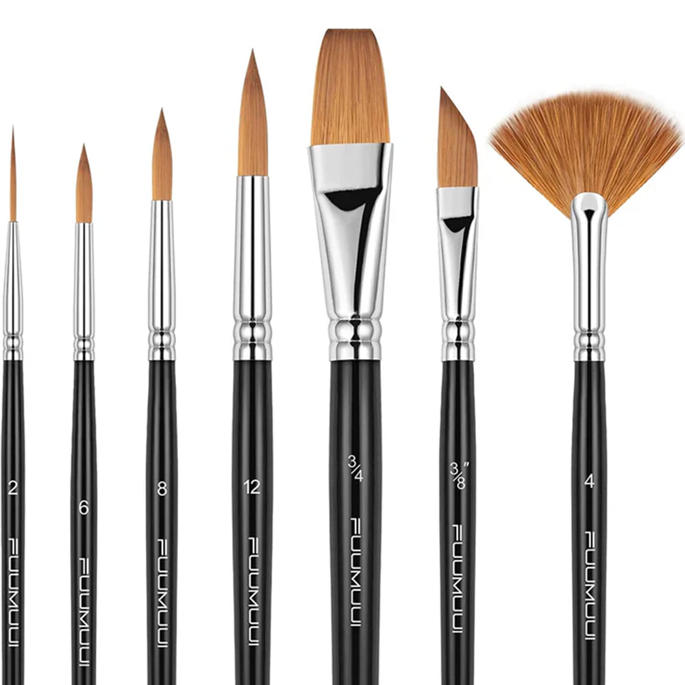 A 7-piece professional watercolor brush set, various shapes including fan, dagger, flat, and round tips.