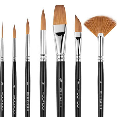 Fuumuui 7pcs professional sable watercolor brushes set showcasing 5 different shapes including liner, round, flat, angular, and fan brushes with black handles.