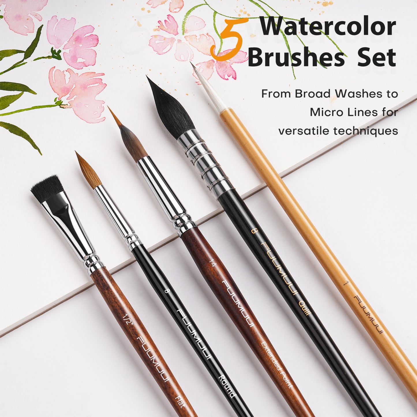 Fuumuui 5pcs Professional Watercolor Brush Set – Mixed Tips for Detail, Wash, Calligraphy & Texture Effects