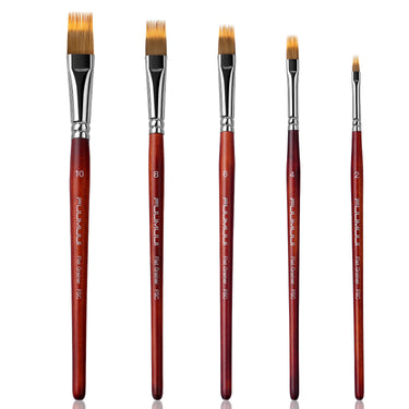 FUUMUUI 5-piece dual-layer synthetic flat grainer brush set with wooden handles, featuring sizes 10, 8, 6, 4, and 2, perfect for watercolor and acrylic art supplies.