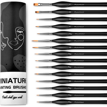 Fuumuui 15pcs Professional Nylon Hair Detail Brushes for miniature painting, displayed with their black storage tube.