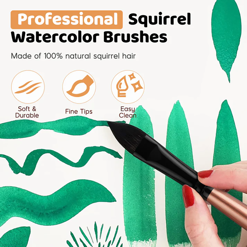 An artist using a Fuumuui professional squirrel hair watercolor brush, soft bristles and fine tip for smooth, controlled painting.