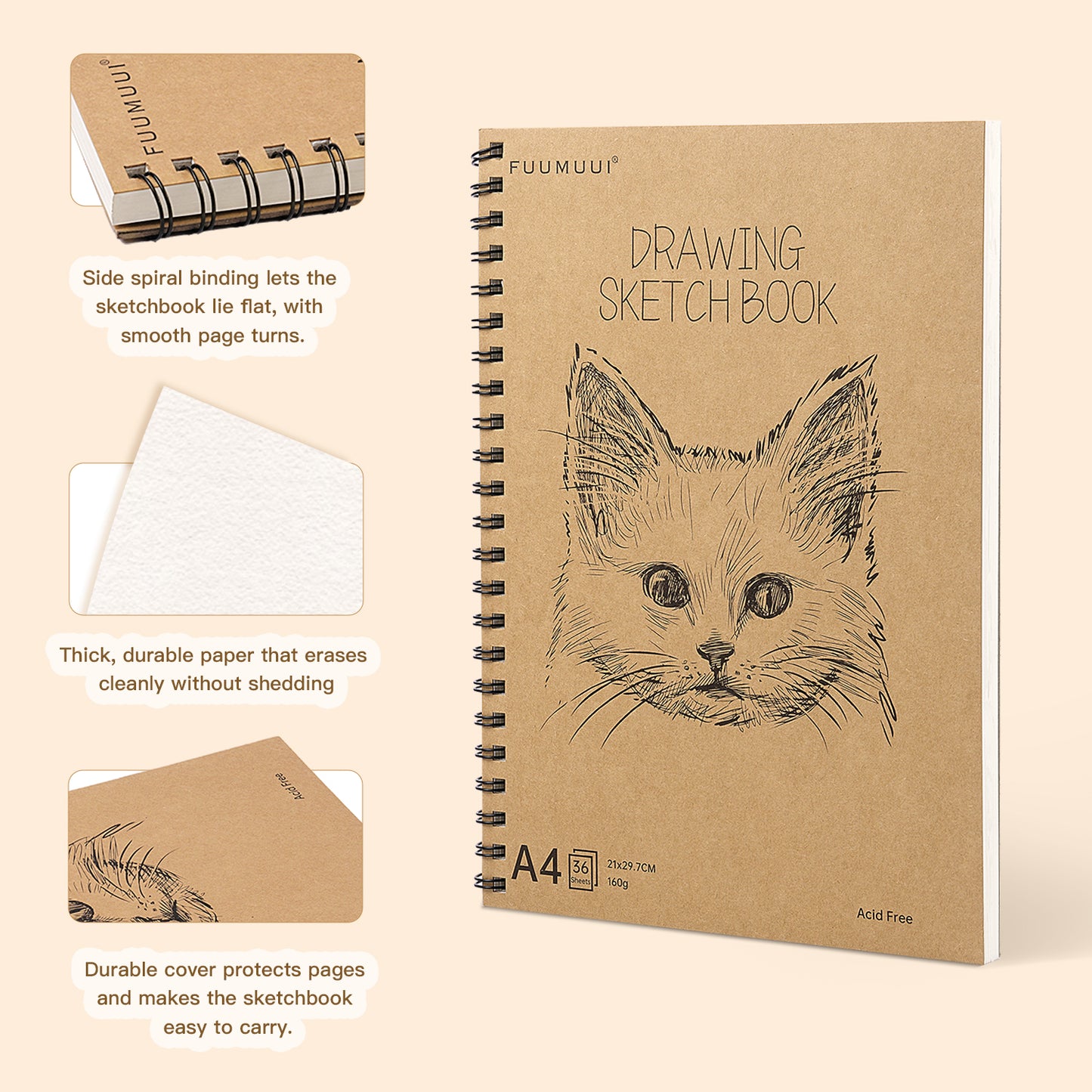 FUUMUUI A4 Spiral Sketchbook – 180° Lay-Flat, Acid-Free Paper for Graphite, Charcoal, Colored & Watercolor Pencils