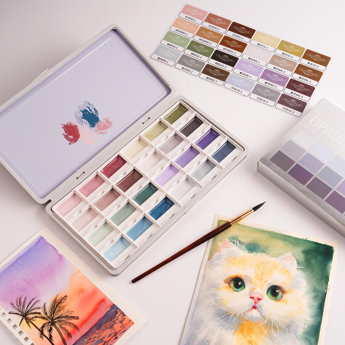 Fuumuui 24-Color Opaque Semi-Moist Watercolor Set – Gray Tones with Strong Coverage and Smooth Blending