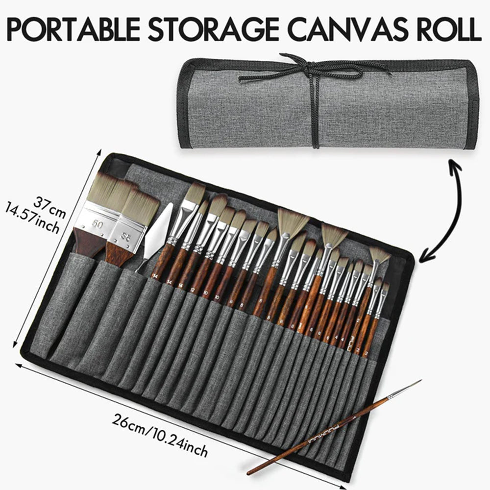 The portable Fuumuui 25pcs expert paint brush set and palette knife in the canvas storage roll with dimensions.