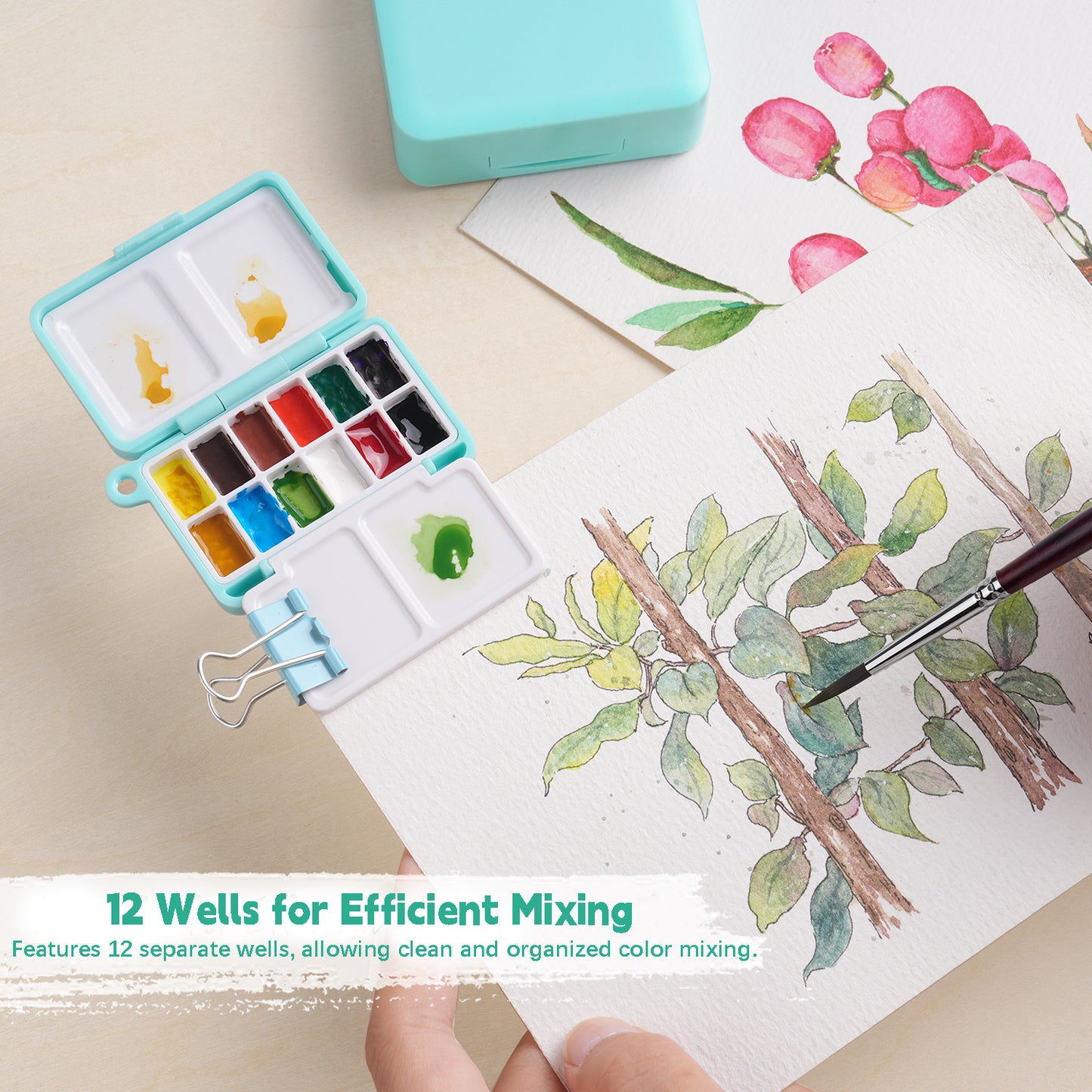 Fuumuui Portable Blue 12-Grid Watercolor Palette Box (With Lid + 4 Mixing Areas)