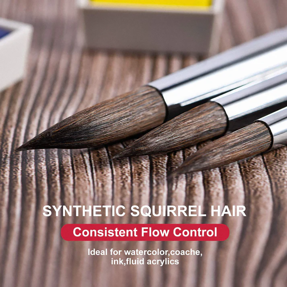 Synthetic squirrel hair brushes, consistent flow control for watercolor, gouache, and ink.
