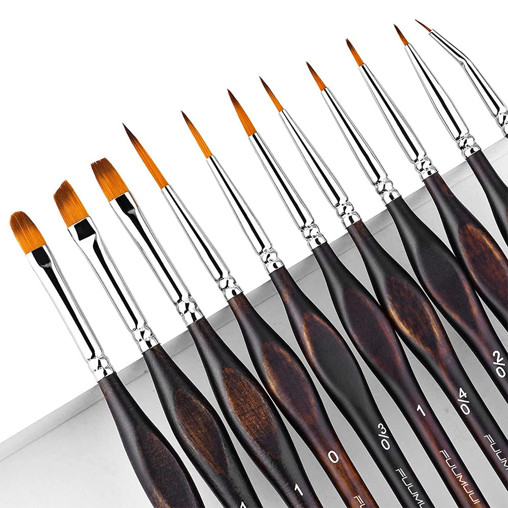 A complete set of 11 Fuumuui nylon hair detail brushes, with various shapes and sizes for intricate painting.