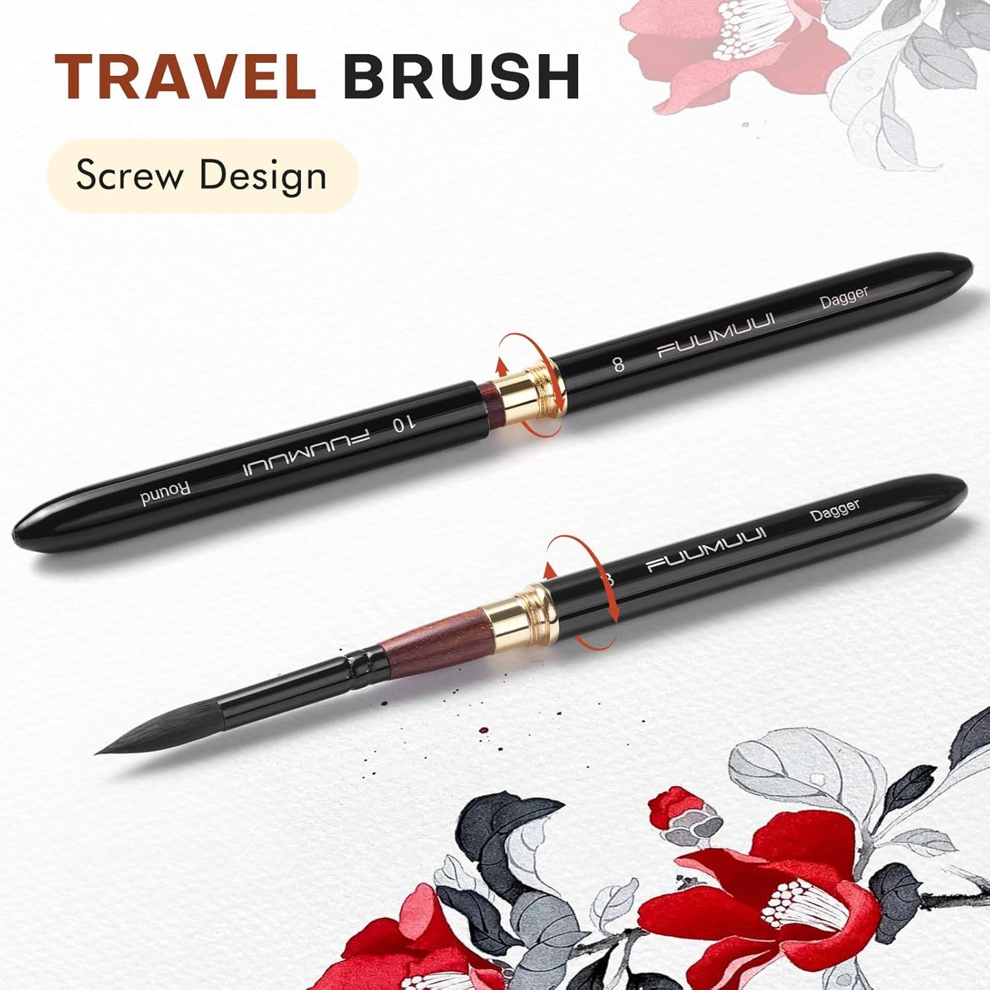 3pcs Dual-Tip Travel Watercolor Brushes — 6 Tip Styles, Premium Synthetic Squirrel Hair