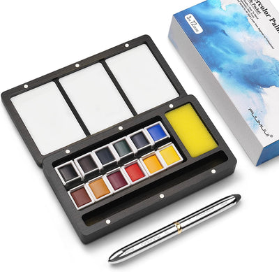 Fuumuui 12 Colors Watercolor Paint set in a dark wooden palette with mixing wells and sponge, alongside a Fuumuui dual tip travel watercolor brush. Essential Fuumuui art supplies for artists.