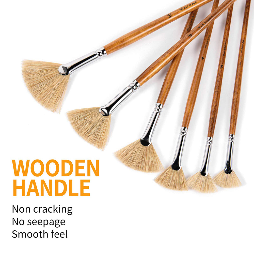 Fuumuui 6pcs Natural Bristle Paint Brush Set. Wooden handle, non cracking, no seepage, smooth feel.