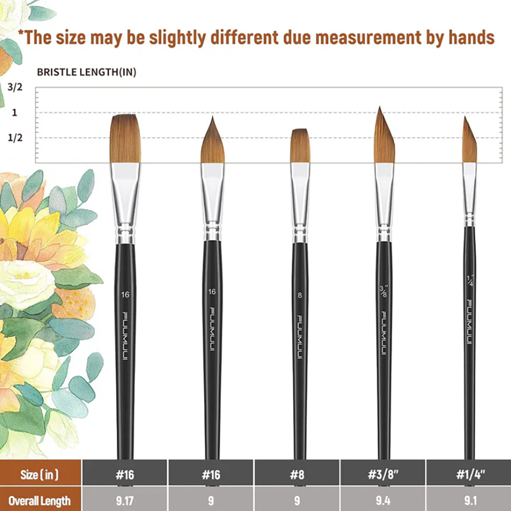 Professional watercolor brush set with 5 sable brushes, different sizes and shapes shown with dimensions.