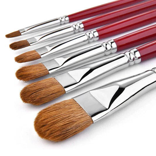 Fuumuui 6-piece filbert paint brush set with red sable hair, showing all sizes from #2 to #12, for professional artists and students.