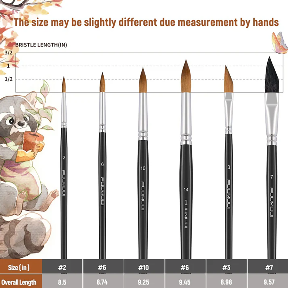 A set of 6 professional watercolor brushes with different sizes and shapes, accompanied by a size chart showing bristle and overall length.