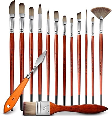 Fuumuui 14pcs Professional Nylon Hair Acrylic Brushes with Palette Knife, featuring a full set of various shapes (round, flat, fan, angled) and sizes, wooden handles, and an orange-handled palette knife.