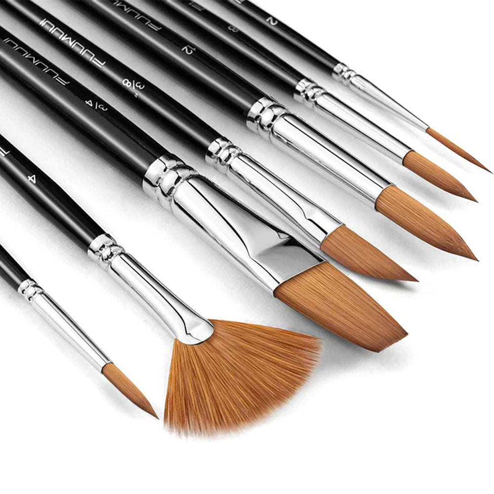 7 professional watercolor brushes arranged with various tips, including round, flat, and fan shapes, for diverse techniques.