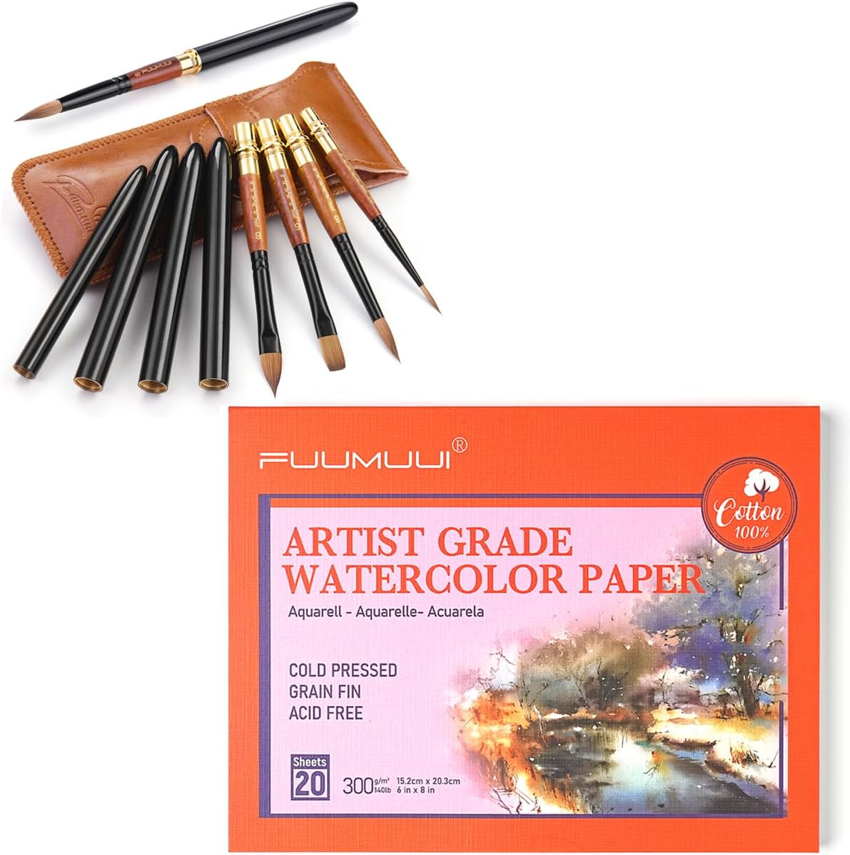 Fuumuui 4pcs portable travel watercolor brush set with leather pouch and 20 sheets watercolor paper.