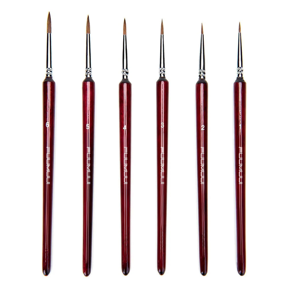 Fuumuui 6pcs professional detail paint brush set, round red sable weasel hair brushes, ideal for fine detailing and miniature painting.