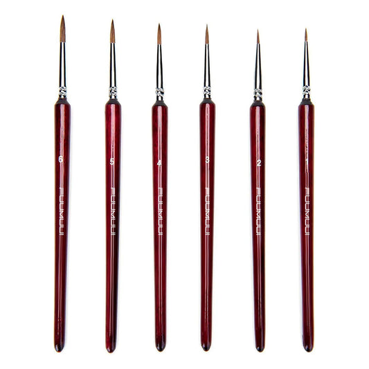 Fuumuui 6pcs professional detail paint brush set, round red sable weasel hair brushes, ideal for fine detailing and miniature painting.