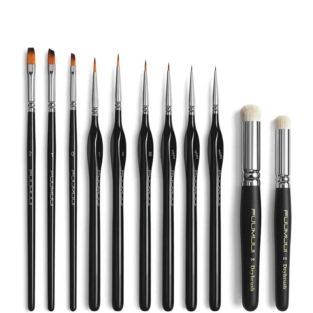 The complete 11-piece Fuumuui professional paint detail brush set for miniatures, including detail and dry brushes.