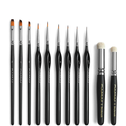 The complete 11-piece Fuumuui professional paint detail brush set for miniatures, including detail and dry brushes.