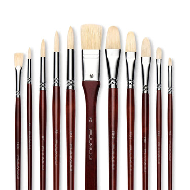 Ensemble de 11 pinceaux à huile à poils professionnels Fuumuui avec diverses formes et manches en bois foncé.