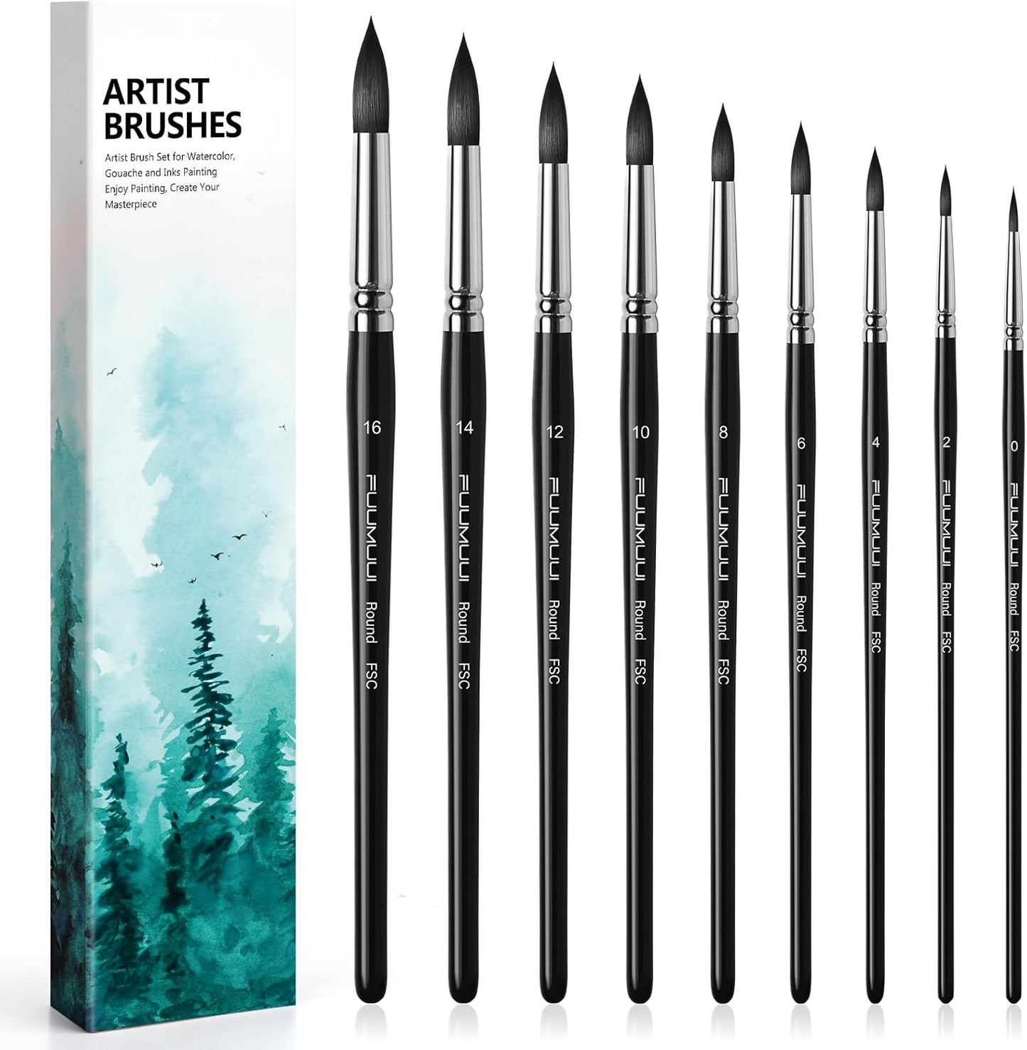Fuumuui Watercolour Brush Set - 9 Pieces Premium Synthetic Squirrel Hair Round Brush Set for Watercolour, Tempera, Excellent Colour Carrying Capacity, Professional Artist Watercolour Brush