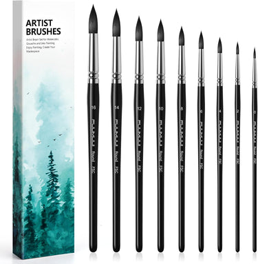 Ensemble de 9 pinceaux ronds pour aquarelle en poils d'écureuil Fuumuui, fournitures d'art Fuumuui de qualité supérieure pour les artistes.