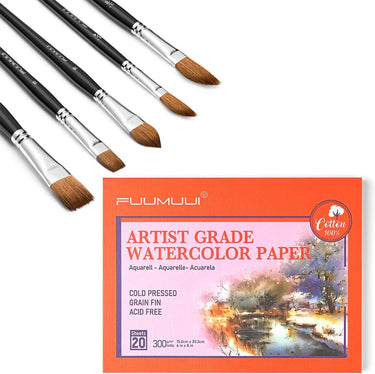 Fuumuui Professional Sable Watercolor Brushes and Artist Grade 100% Cotton Watercolor Paper Pad (20 sheets, 5.8" x 8.3").